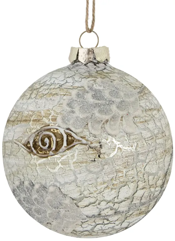 4" Birch Wood and Glitter Pine Cones Glass Ball Christmas Ornament