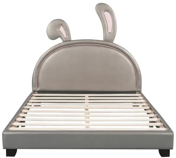 Whisen Full Size Upholstered Leather Platform Bed with Rabbit Shaped Headboard - Gray