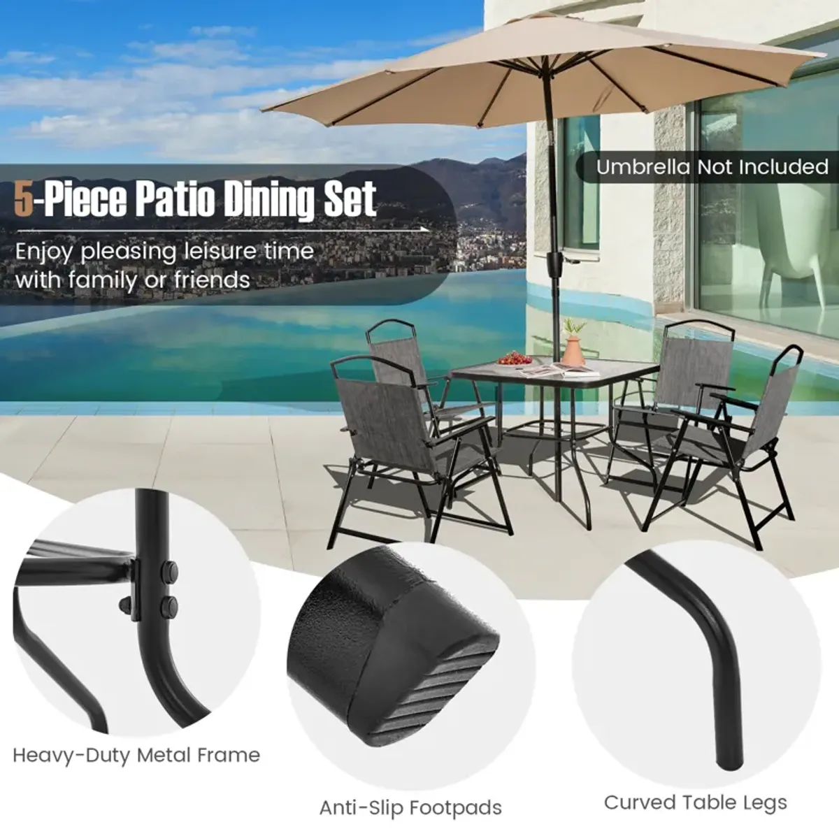 Patio Dining Set for 4 with Umbrella Hole-Gray