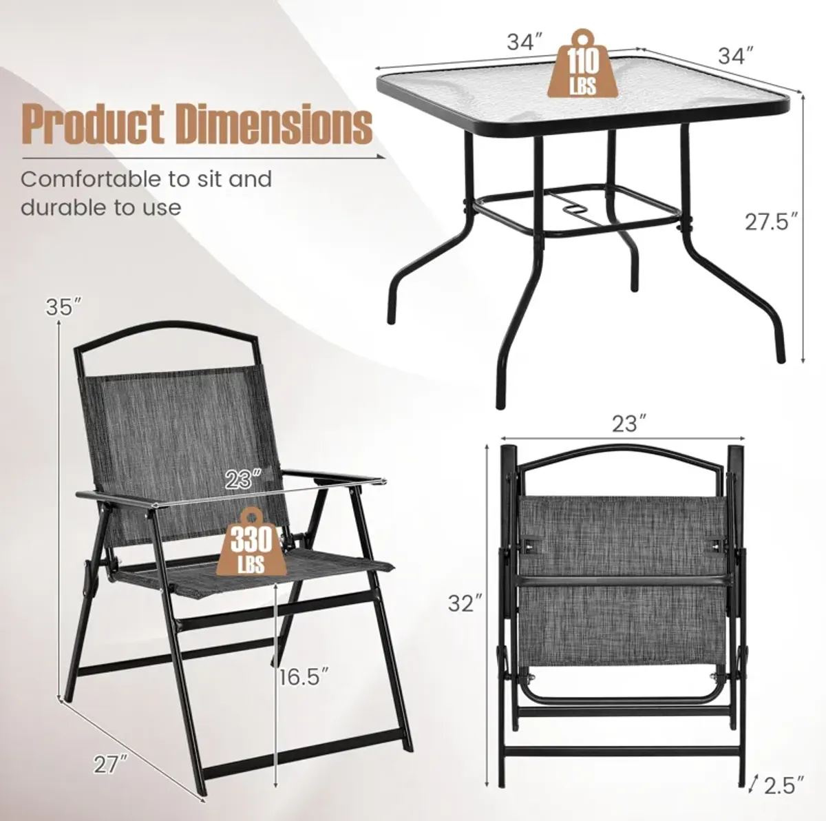 Patio Dining Set for 4 with Umbrella Hole-Gray