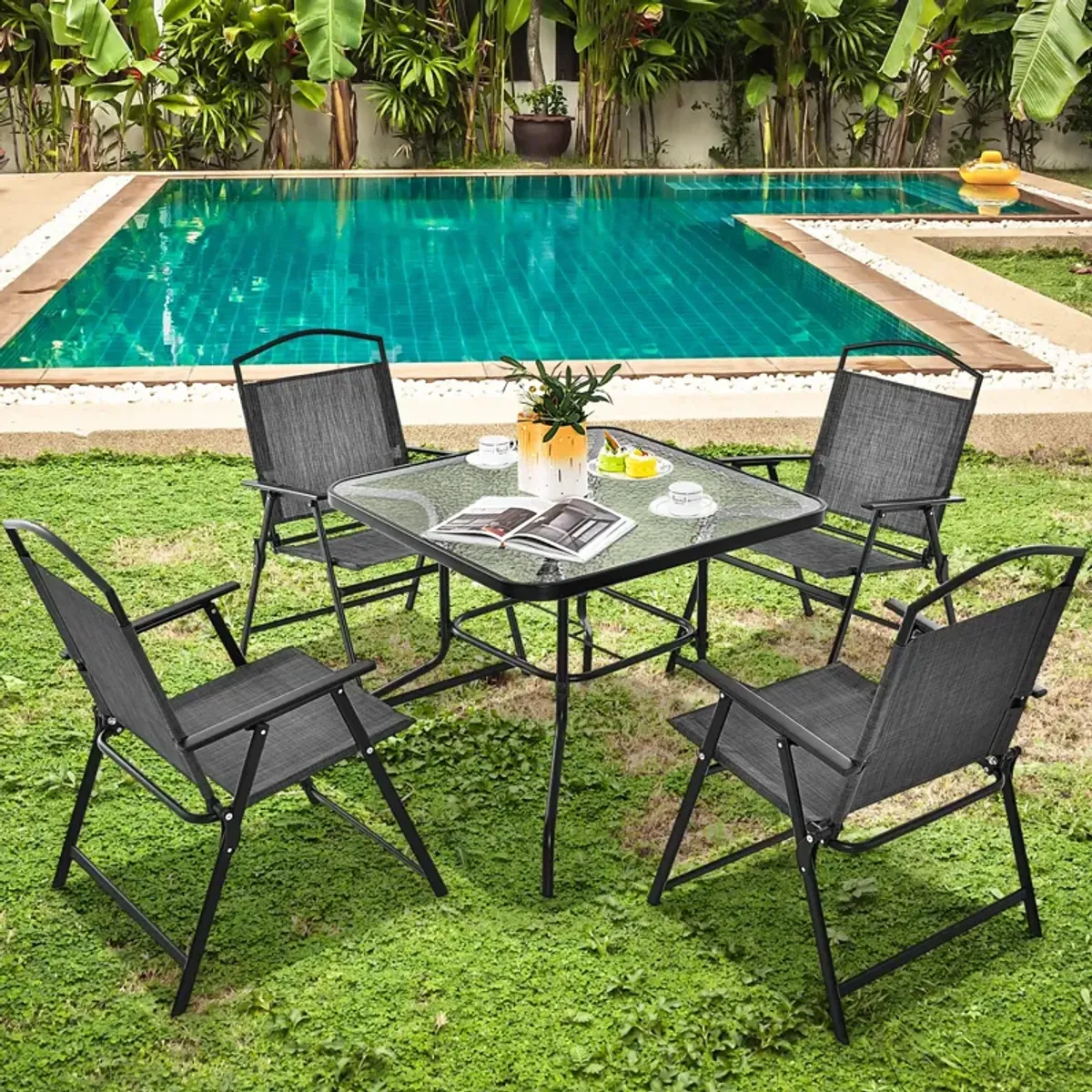 Patio Dining Set for 4 with Umbrella Hole-Gray