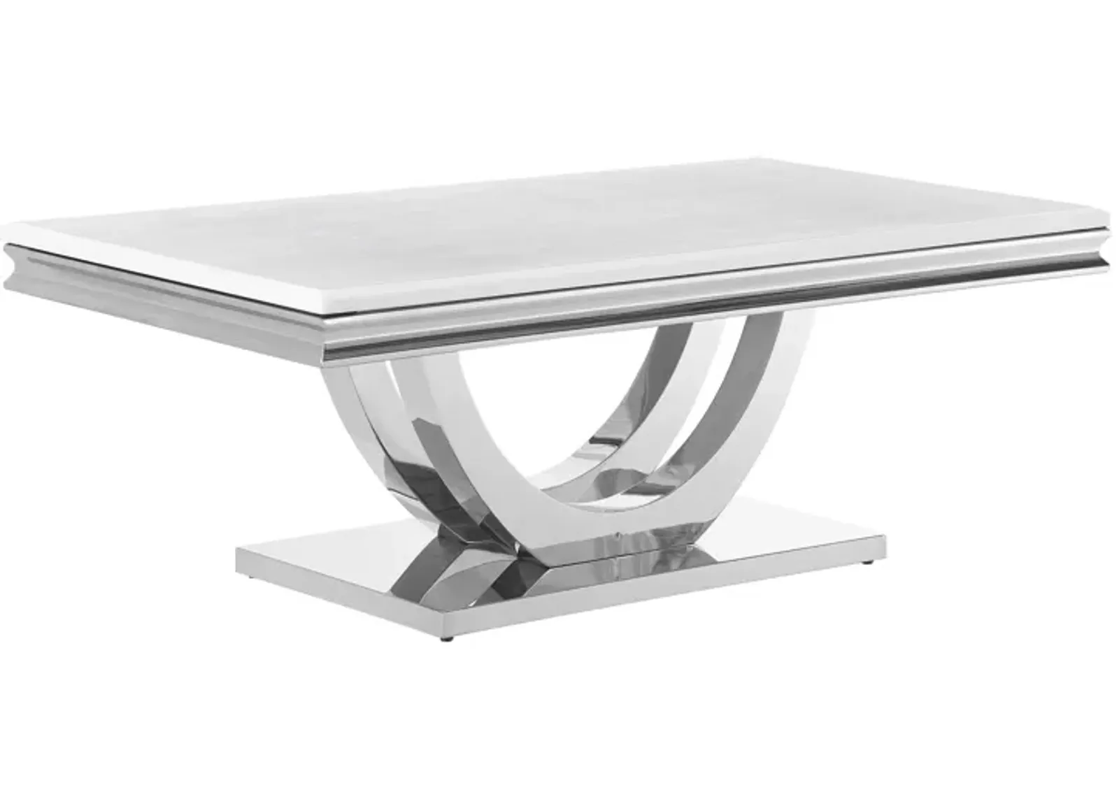 Kas 51 Inch Rectangular Coffee Table, White Stone Top, Polished Chrome Base - Benzara