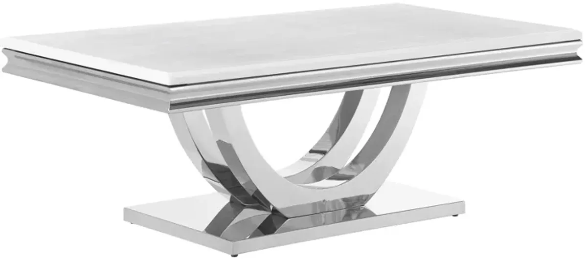 Kas 51 Inch Rectangular Coffee Table, White Stone Top, Polished Chrome Base - Benzara