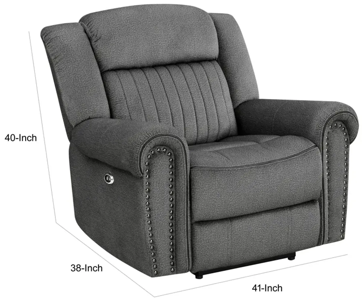 Ben 38 Inch Power Recliner Chair, Soft Cushions Gray Microfiber, Solid Wood - Benzara