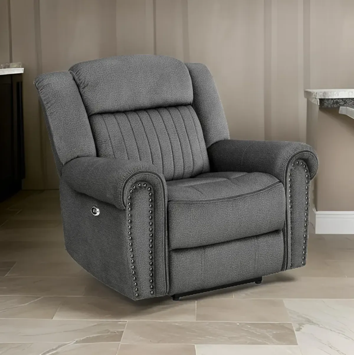 Ben 38 Inch Power Recliner Chair, Soft Cushions Gray Microfiber, Solid Wood - Benzara