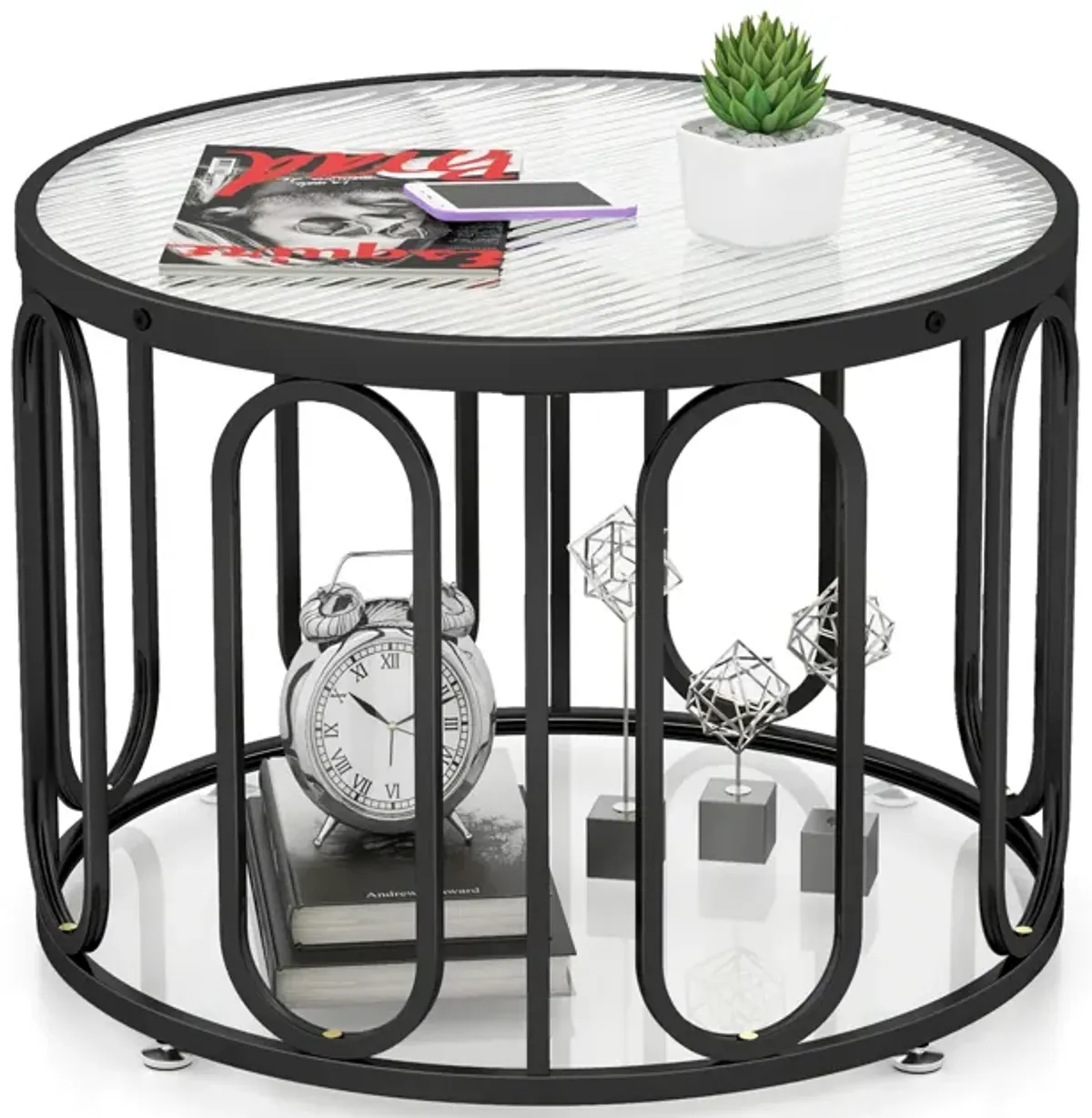 24 Inch Round Coffee Table with Reeded Tempered Glass Top and Oval Swivel Brackets