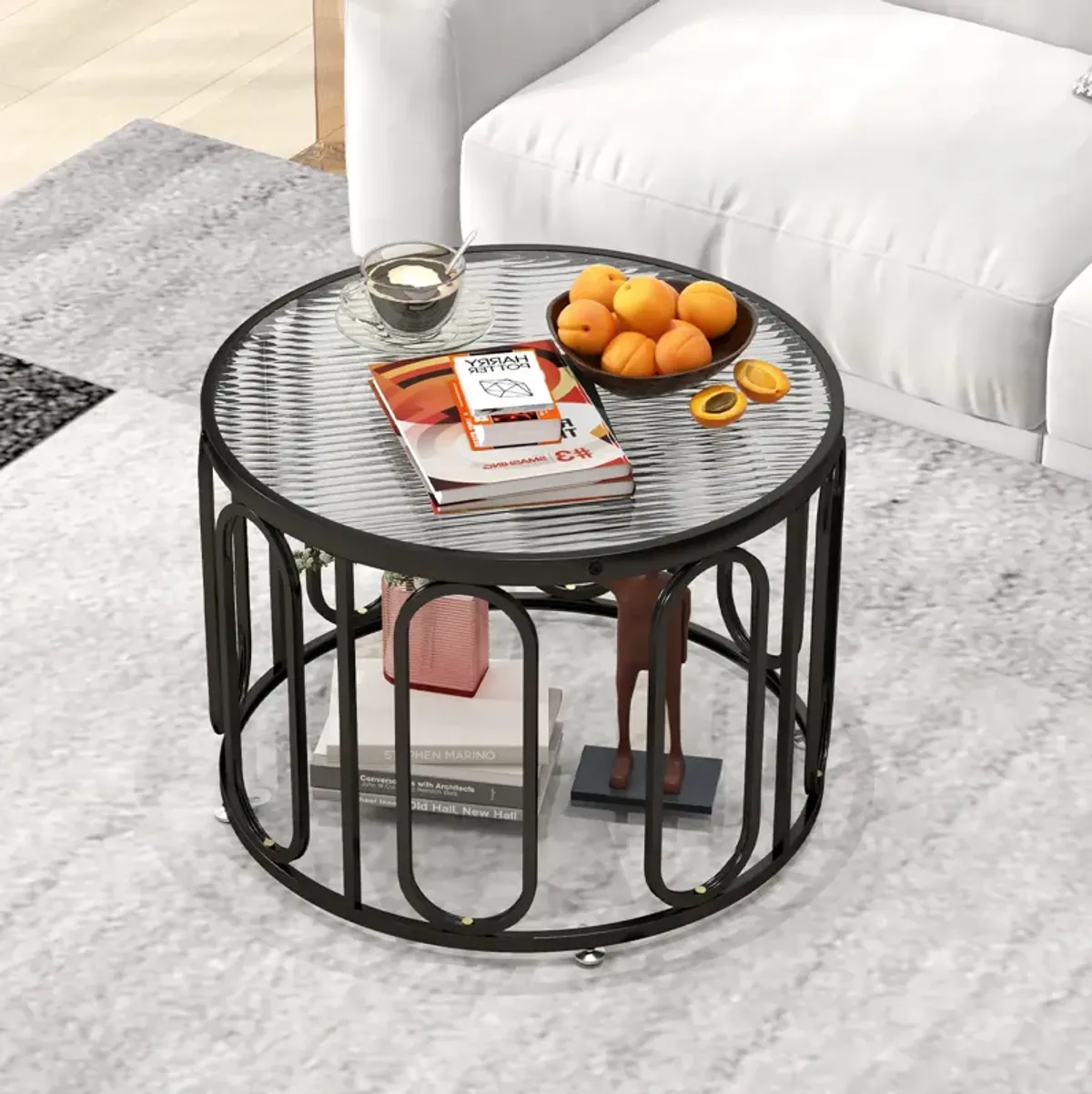 24 Inch Round Coffee Table with Reeded Tempered Glass Top and Oval Swivel Brackets