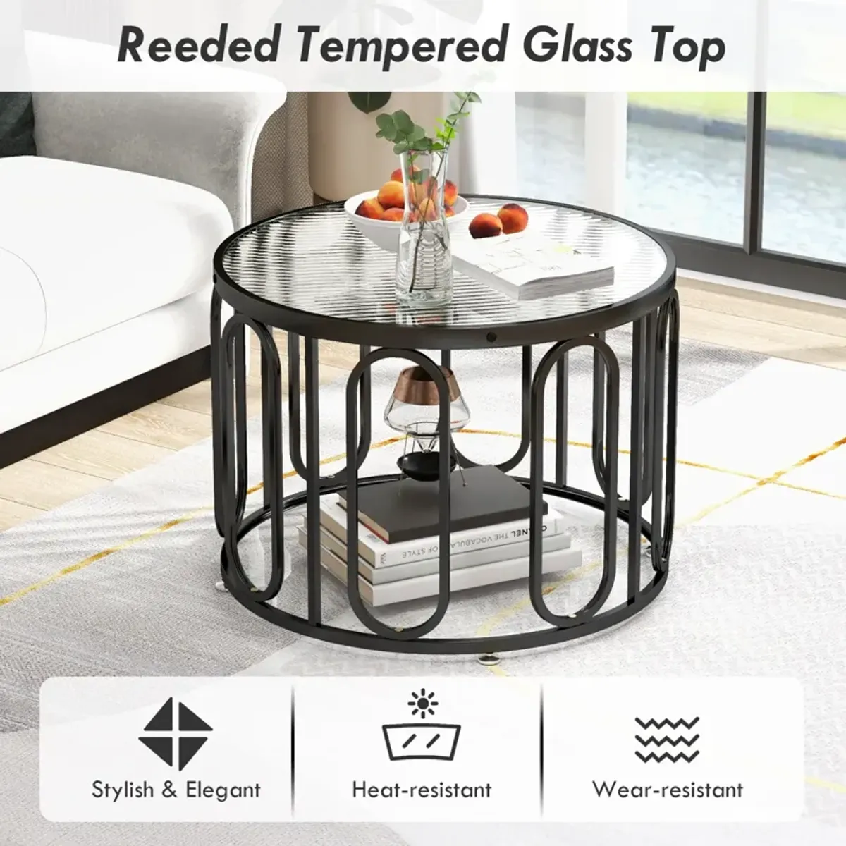 24 Inch Round Coffee Table with Reeded Tempered Glass Top and Oval Swivel Brackets