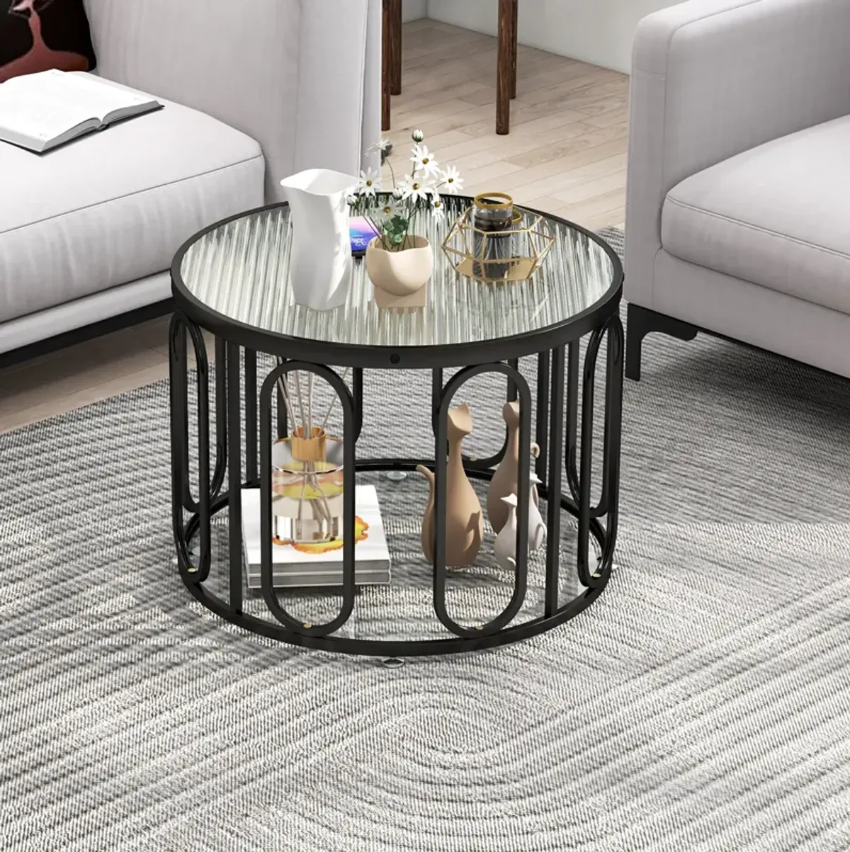 24 Inch Round Coffee Table with Reeded Tempered Glass Top and Oval Swivel Brackets