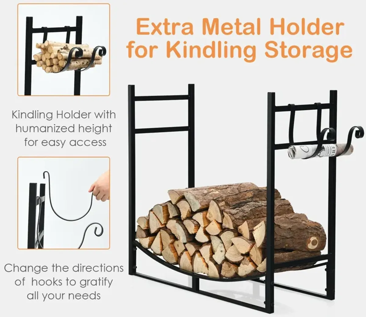 33 Inch Firewood Rack with Removable Kindling Holder Steel Fireplace Wood