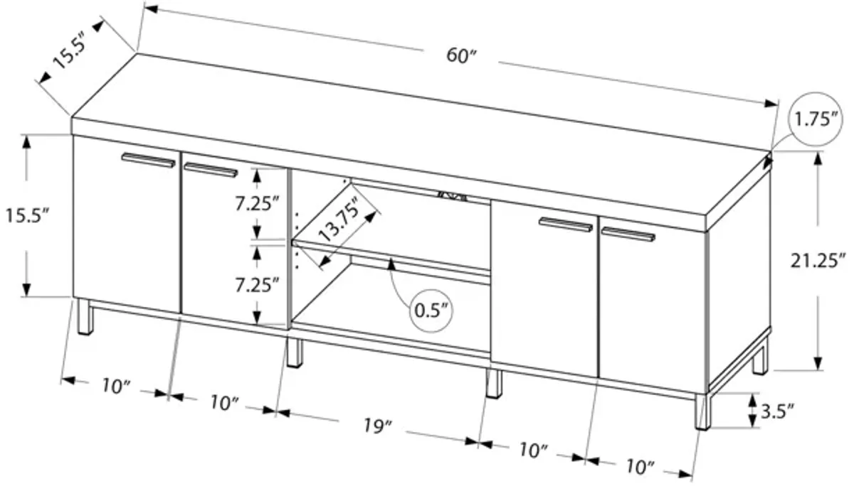 Monarch Specialties I 2590 Tv Stand, 60 Inch, Console, Media Entertainment Center, Storage Cabinet, Living Room, Bedroom, Laminate, Black, Grey, Contemporary, Modern