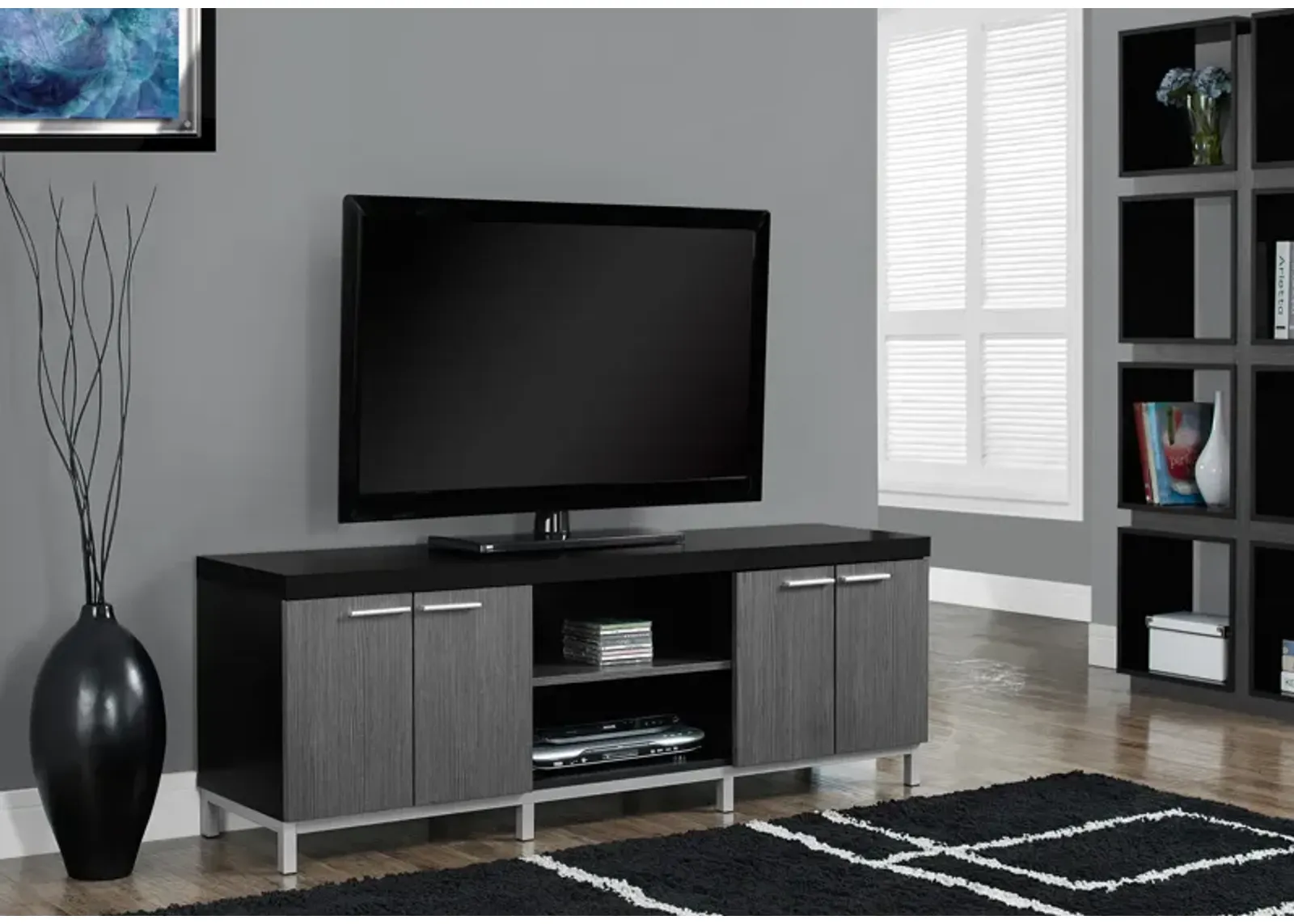 Monarch Specialties I 2590 Tv Stand, 60 Inch, Console, Media Entertainment Center, Storage Cabinet, Living Room, Bedroom, Laminate, Black, Grey, Contemporary, Modern