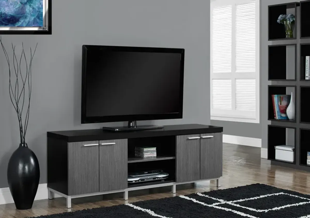 Monarch Specialties I 2590 Tv Stand, 60 Inch, Console, Media Entertainment Center, Storage Cabinet, Living Room, Bedroom, Laminate, Black, Grey, Contemporary, Modern