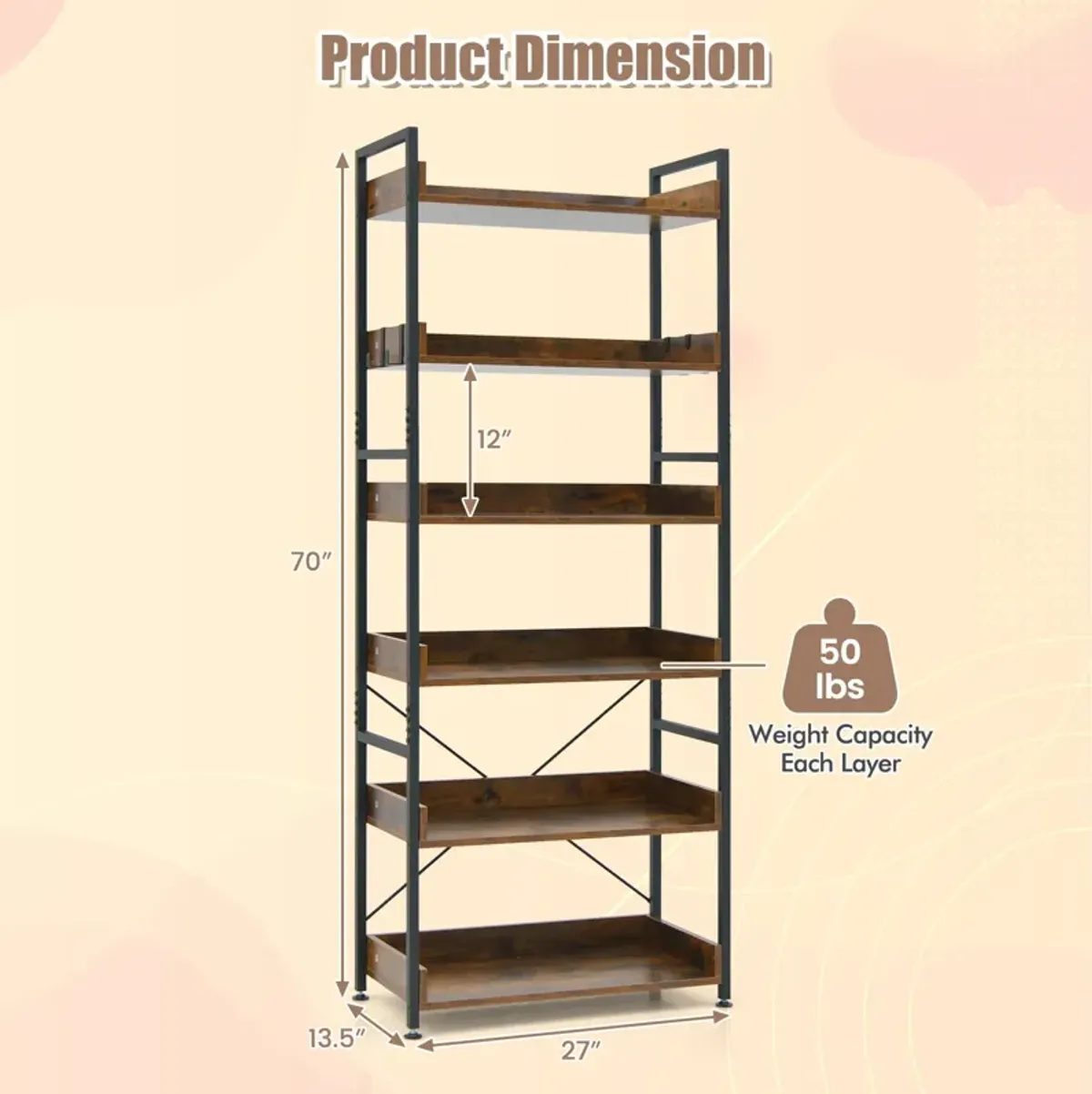 6-Tier Tall Industrial Bookcase with Open Shelves and 4 Hooks