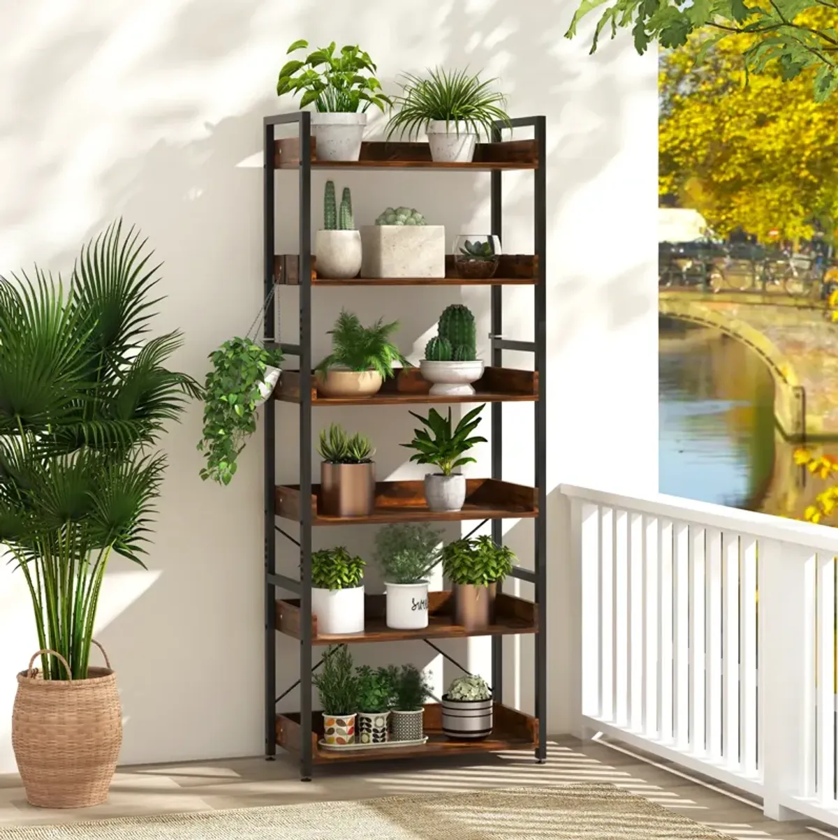 6-Tier Tall Industrial Bookcase with Open Shelves and 4 Hooks