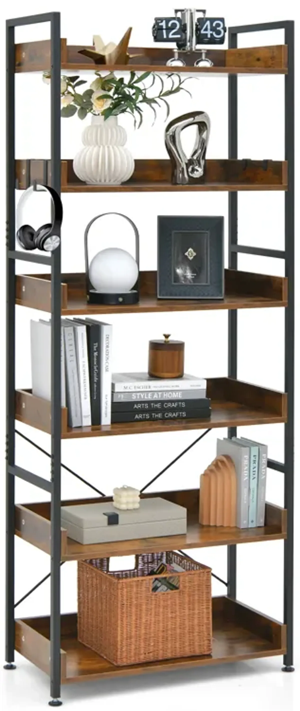 6-Tier Tall Industrial Bookcase with Open Shelves and 4 Hooks