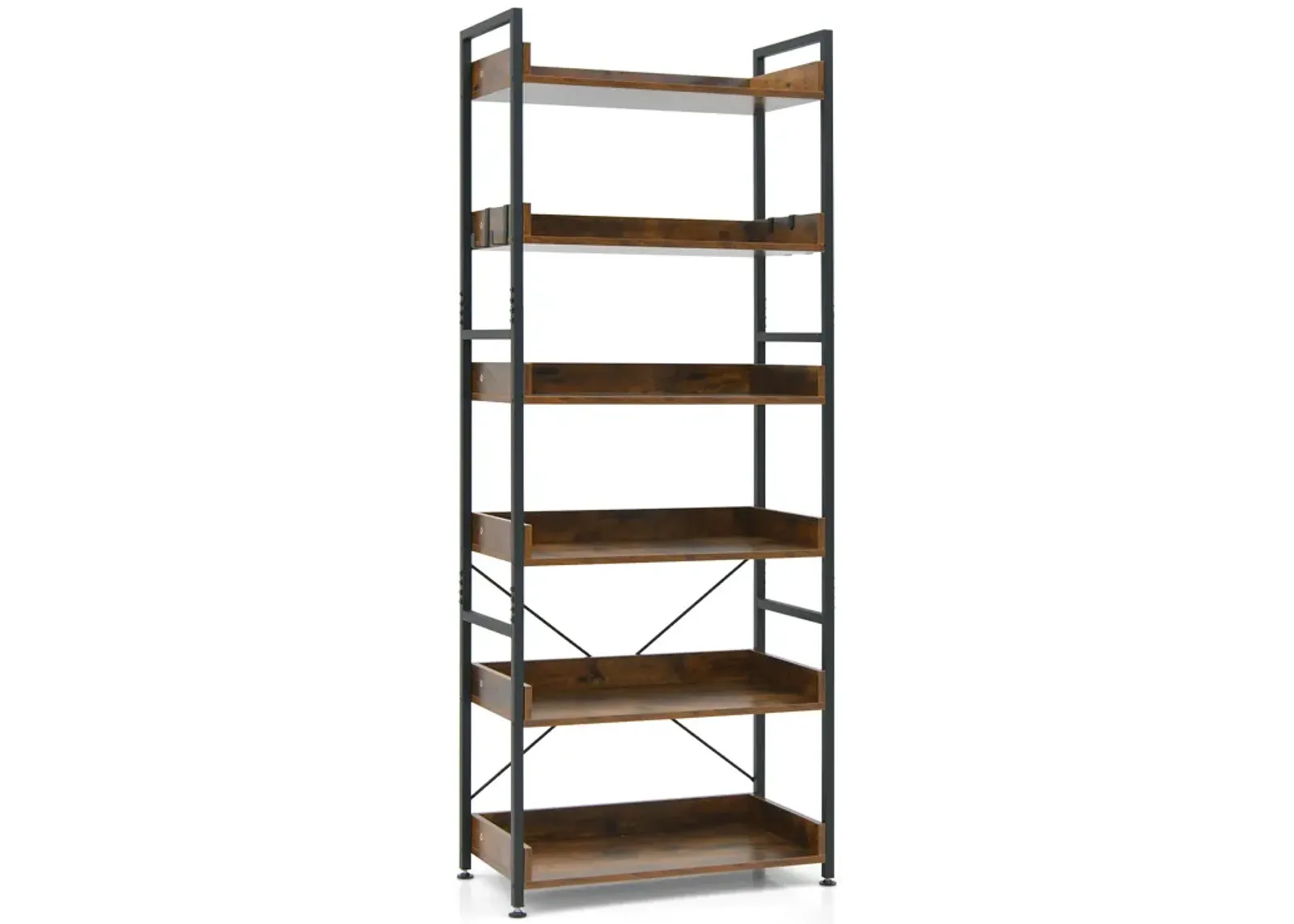 6-Tier Tall Industrial Bookcase with Open Shelves and 4 Hooks