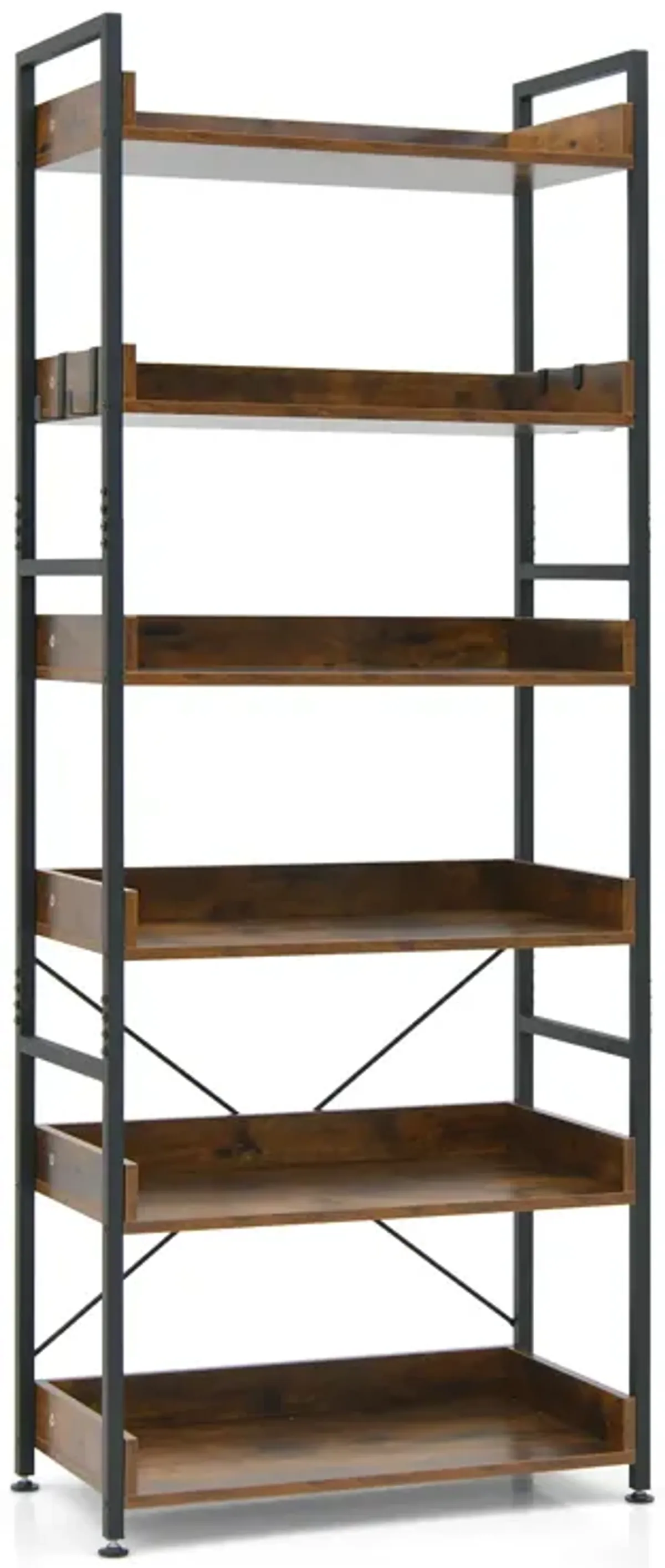 6-Tier Tall Industrial Bookcase with Open Shelves and 4 Hooks