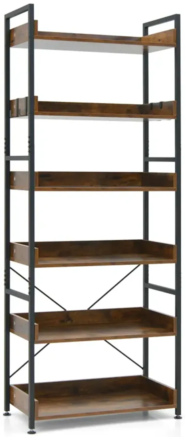 6-Tier Tall Industrial Bookcase with Open Shelves and 4 Hooks