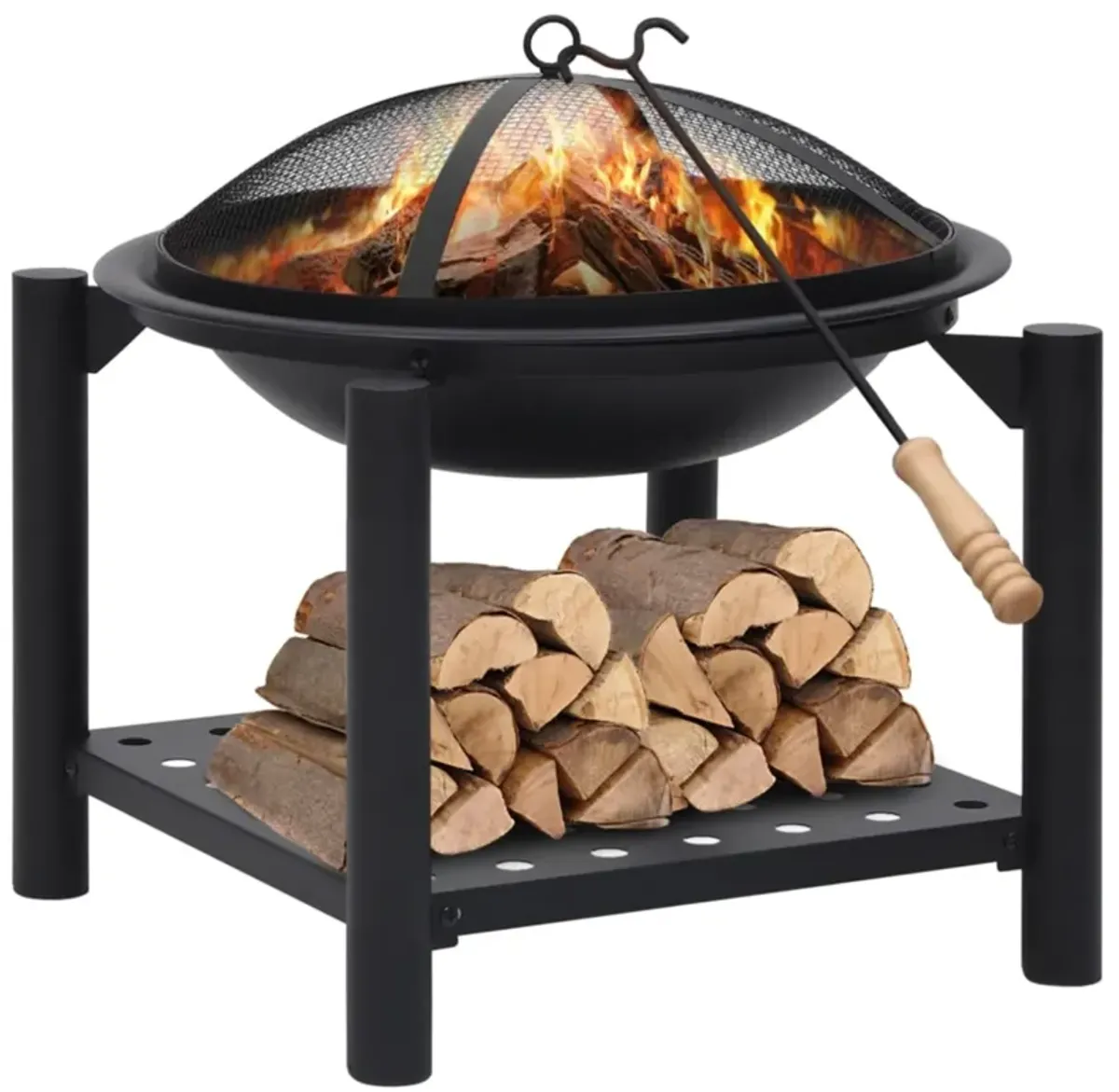 vidaXL Steel Fire Pit - Decorative Outdoor Patio, Garden Heating System with Bonus Poker, Enhanced Safety Features, Additional Storage Shelf, Scandinavian Style