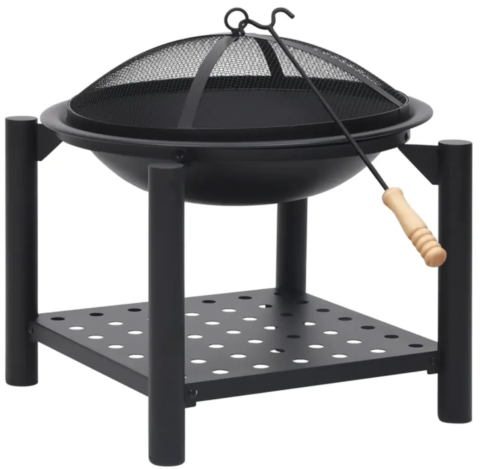 vidaXL Steel Fire Pit - Decorative Outdoor Patio, Garden Heating System with Bonus Poker, Enhanced Safety Features, Additional Storage Shelf, Scandinavian Style