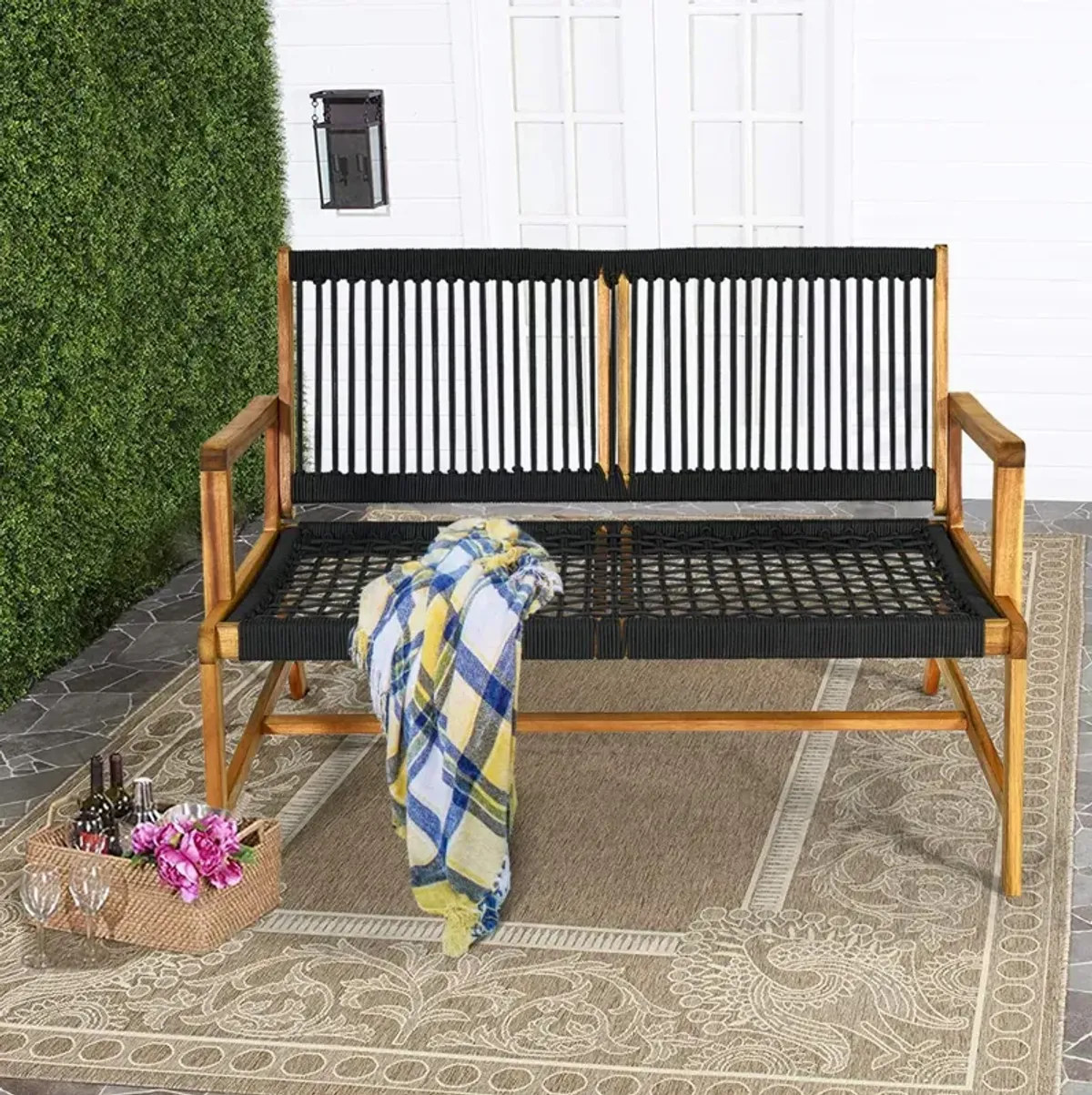 SUGIFT 2-Person Acacia Wood Yard Bench for Balcony and Patio