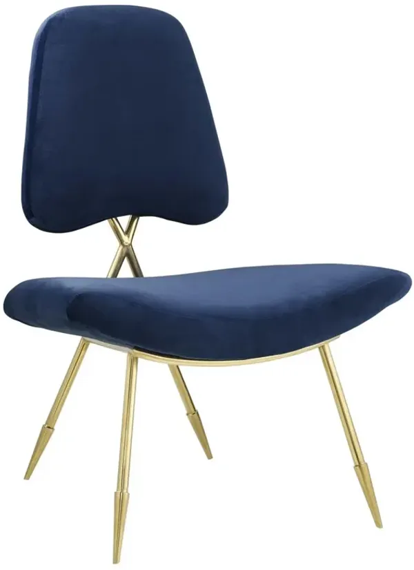 Modway Ponder Performance Velvet Upholstered Modern Lounge Accent Chair in Navy with Gold Stainless Steel Legs