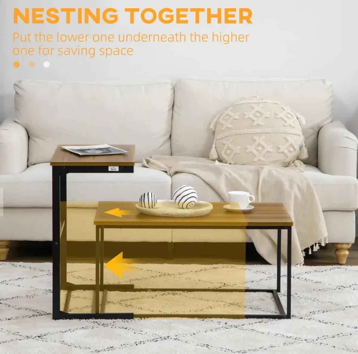 Industrial Living Room Set: 2 Nesting Tables with Metal Frame