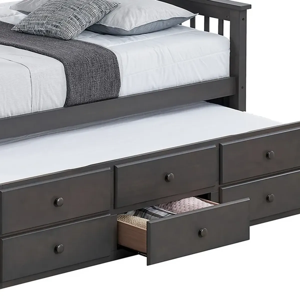 Veran Twin Over Full Bunk Bed, Trundle and 3 Drawers, Dark Gray Solid Wood