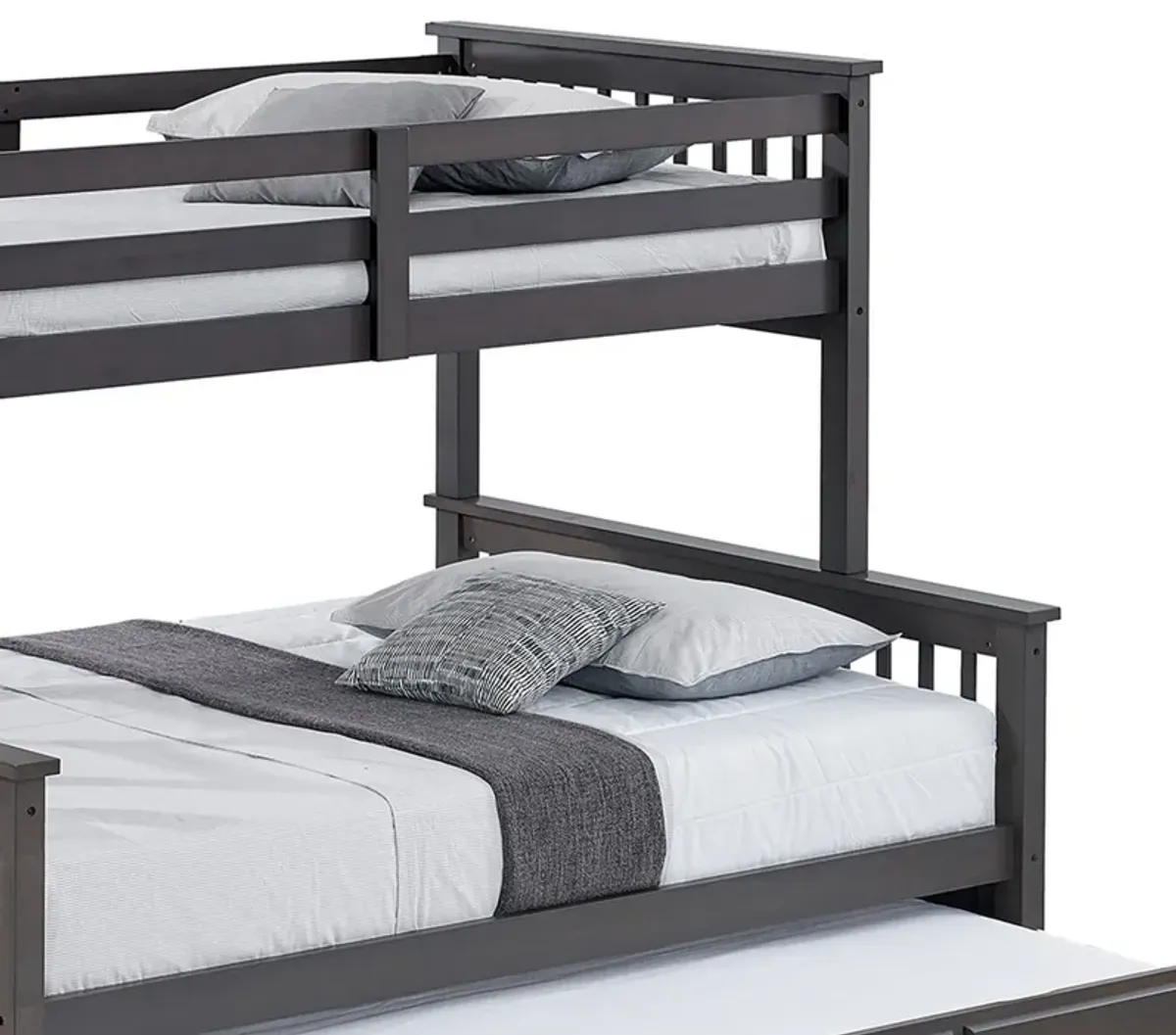 Veran Twin Over Full Bunk Bed, Trundle and 3 Drawers, Dark Gray Solid Wood