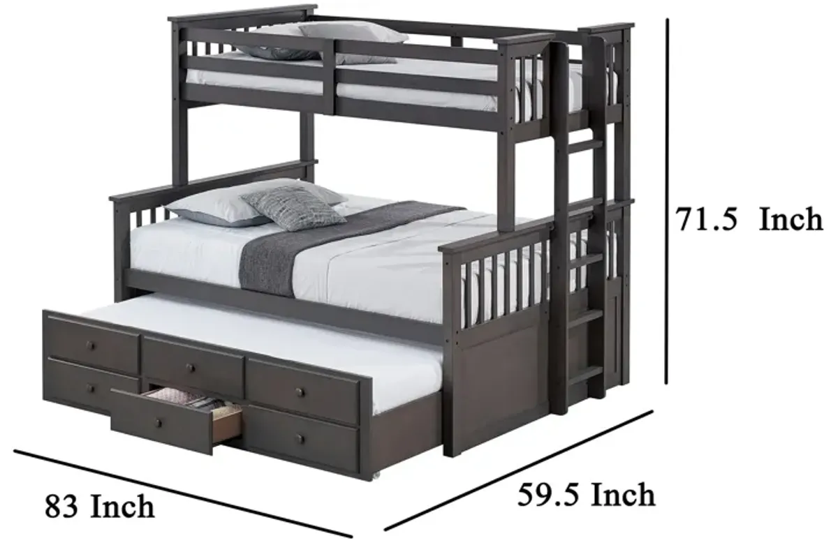 Veran Twin Over Full Bunk Bed, Trundle and 3 Drawers, Dark Gray Solid Wood