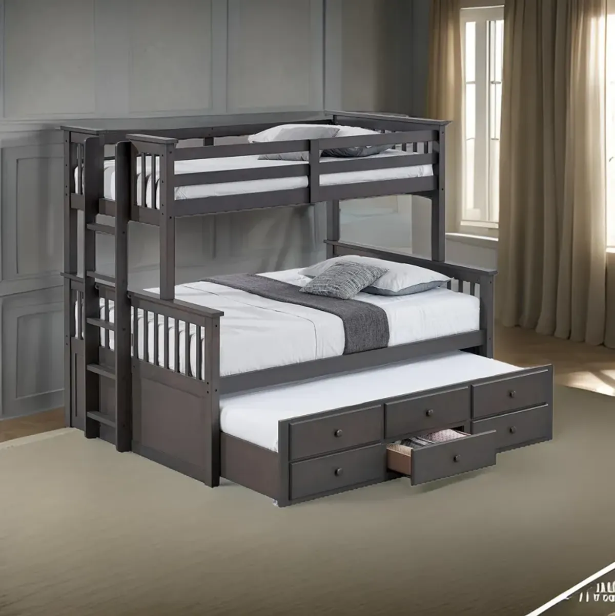 Veran Twin Over Full Bunk Bed, Trundle and 3 Drawers, Dark Gray Solid Wood