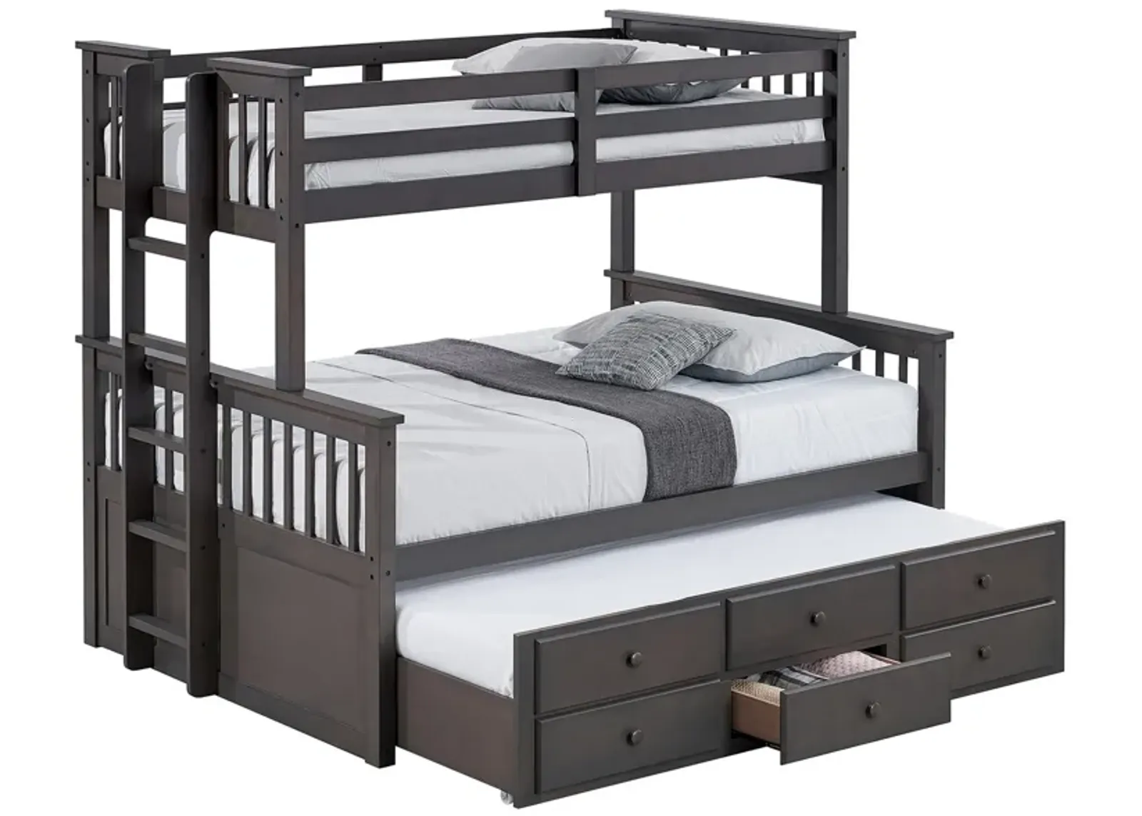 Veran Twin Over Full Bunk Bed, Trundle and 3 Drawers, Dark Gray Solid Wood