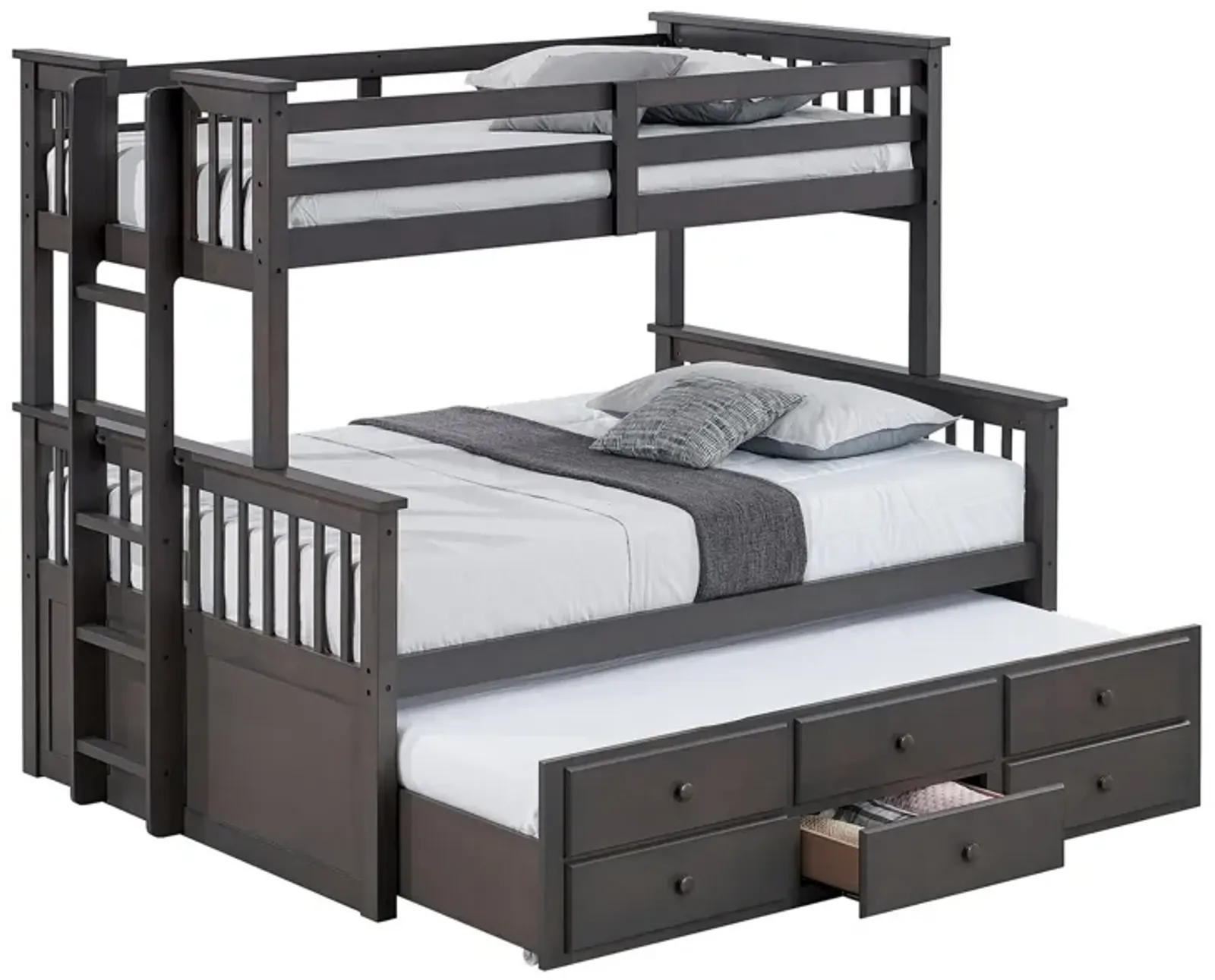 Veran Twin Over Full Bunk Bed, Trundle and 3 Drawers, Dark Gray Solid Wood