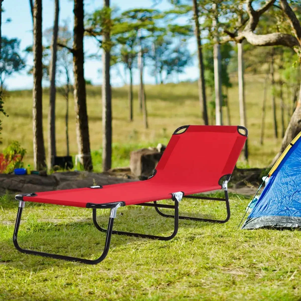 Red Outdoor Lounger: Portable 5-Position Folding Chaise for Beach, Poolside, Patio