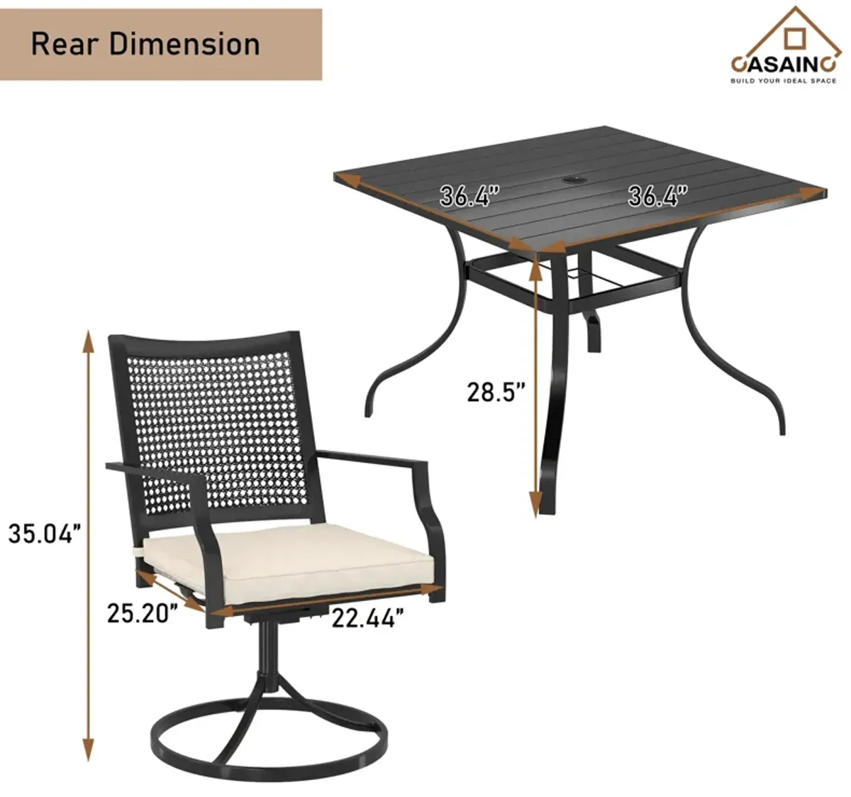 5 Piece Steel Frame Patio Dining Set, Swivel Dining Chair