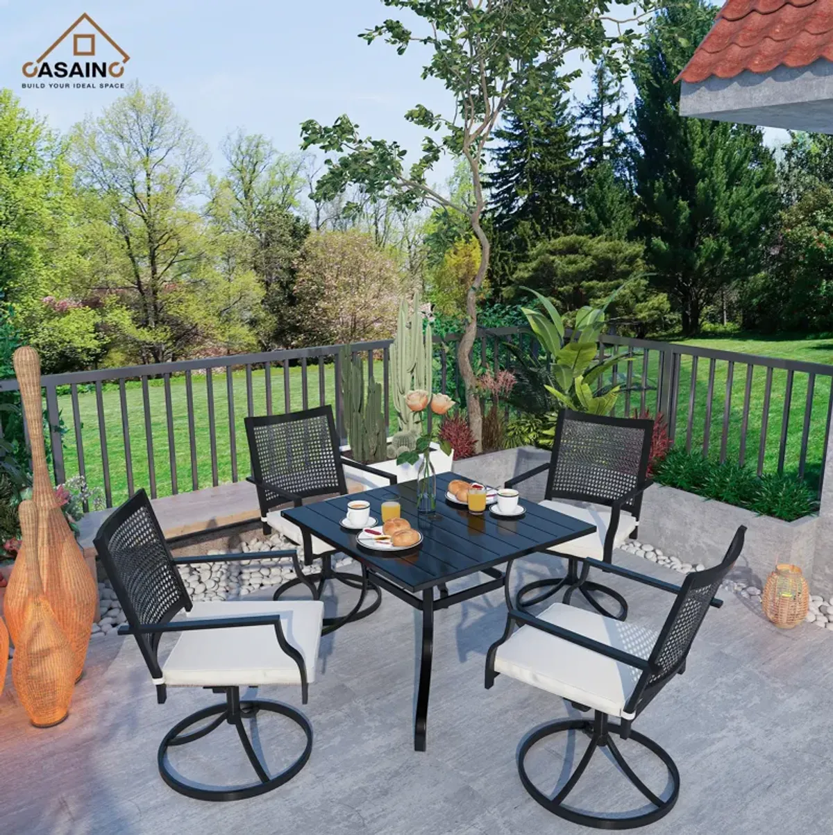 5 Piece Steel Frame Patio Dining Set, Swivel Dining Chair