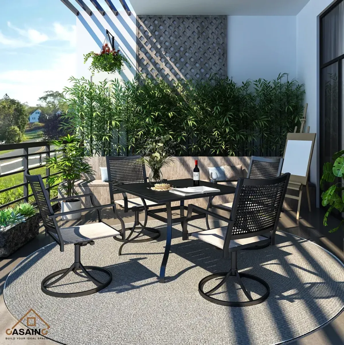 5 Piece Steel Frame Patio Dining Set, Swivel Dining Chair