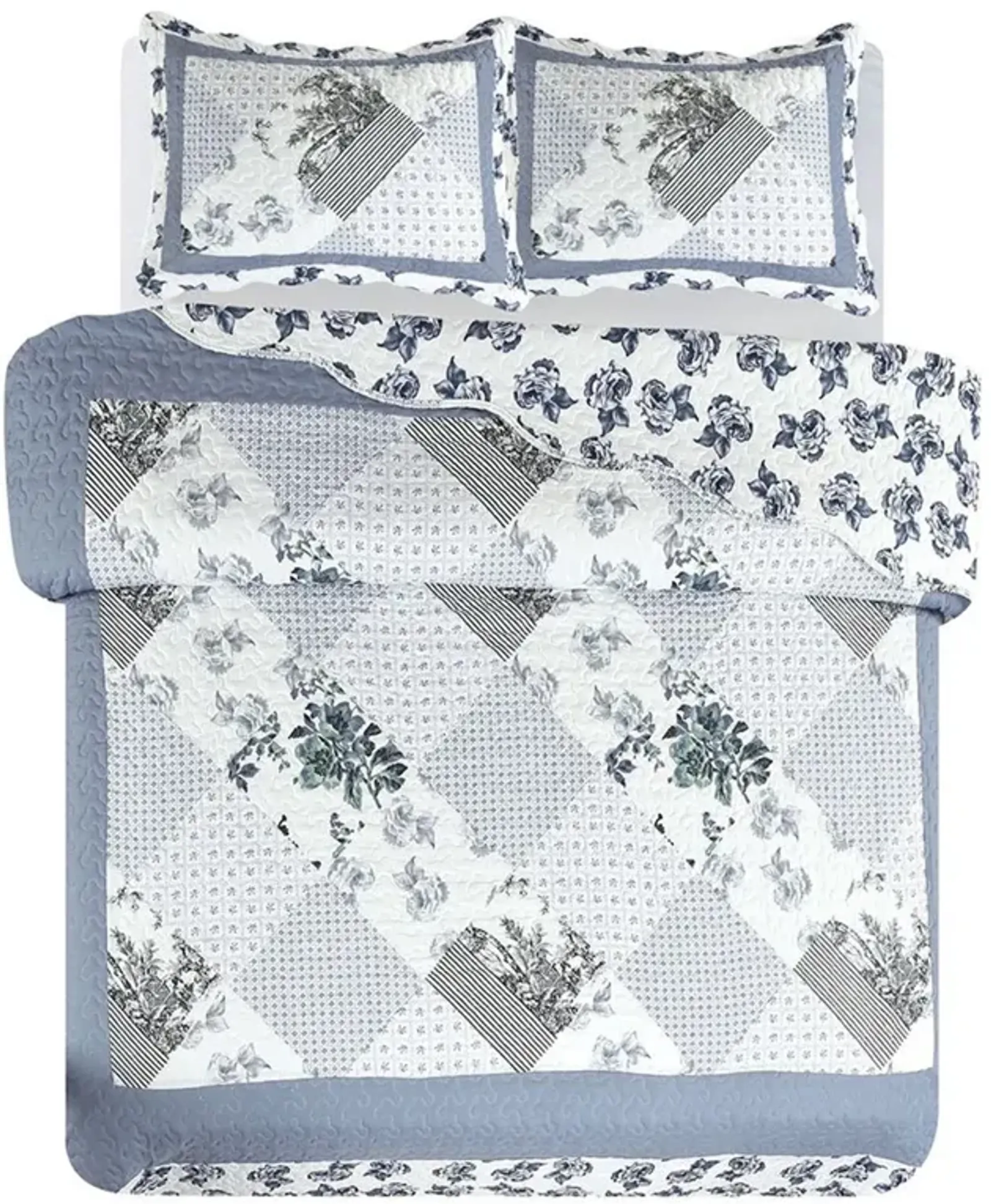 Legacy Decor 3 PCS Quilt Bedspread Coverlet Blue and White Floral Patchwork Design Microfiber King Size