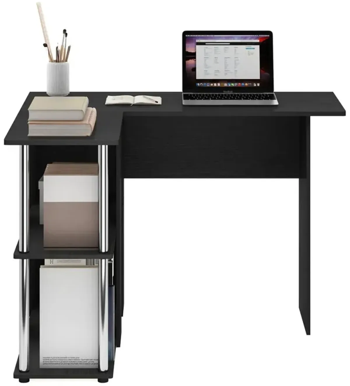 Furinno Abbott L-Shape Desk with Bookshelf, Americano, Stainless Steel Tubes