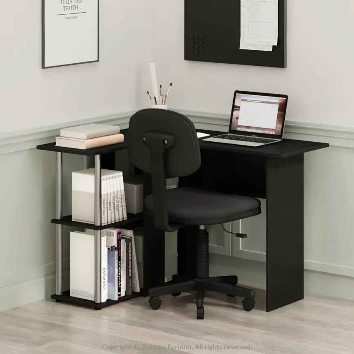 Furinno Abbott L-Shape Desk with Bookshelf, Americano, Stainless Steel Tubes