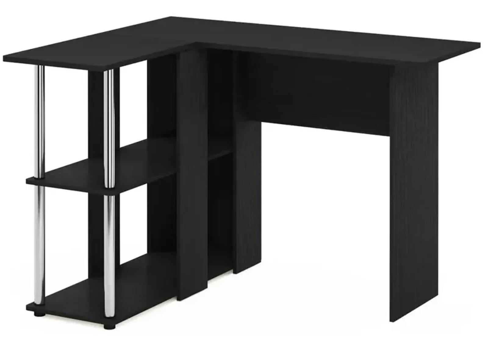 Furinno Abbott L-Shape Desk with Bookshelf, Americano, Stainless Steel Tubes