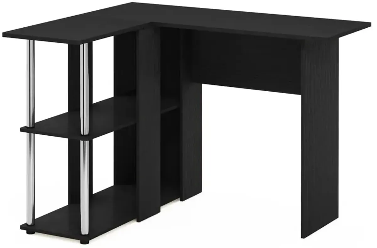 Furinno Abbott L-Shape Desk with Bookshelf, Americano, Stainless Steel Tubes