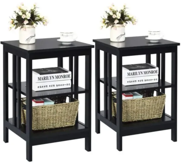 2 Pieces 3-Tier Nightstand with Reinforced Bars and Stable Structure