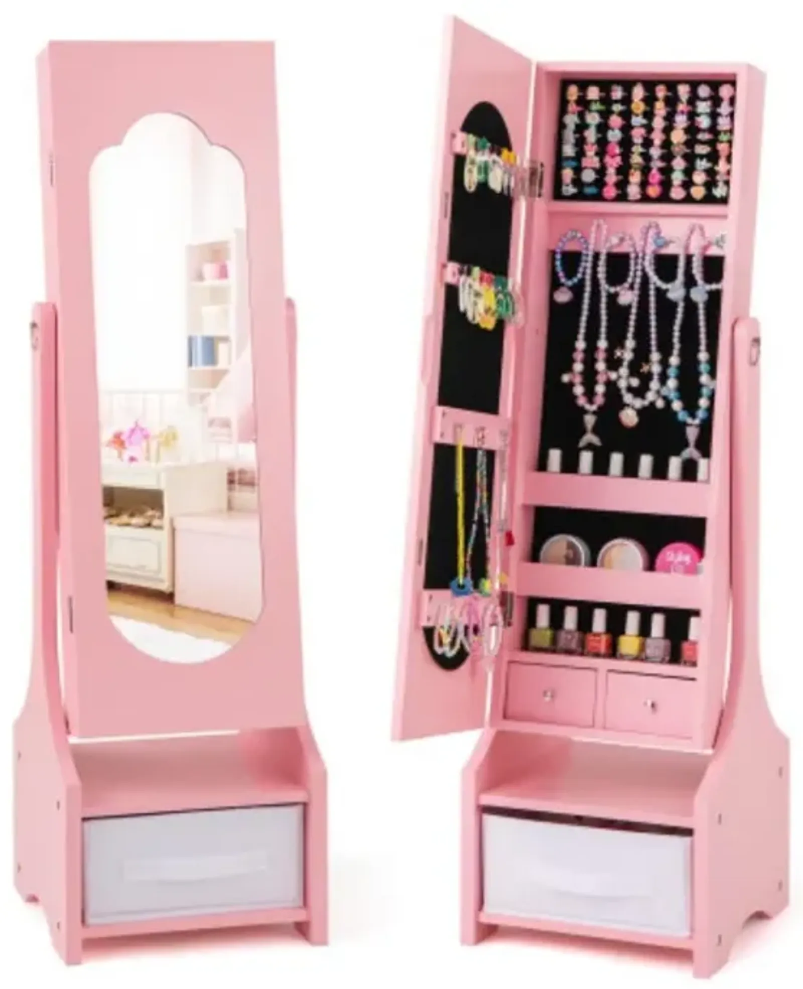 Freestanding Kids Jewelry Armoire Cabinet with Storage and 2 Tilt Angles