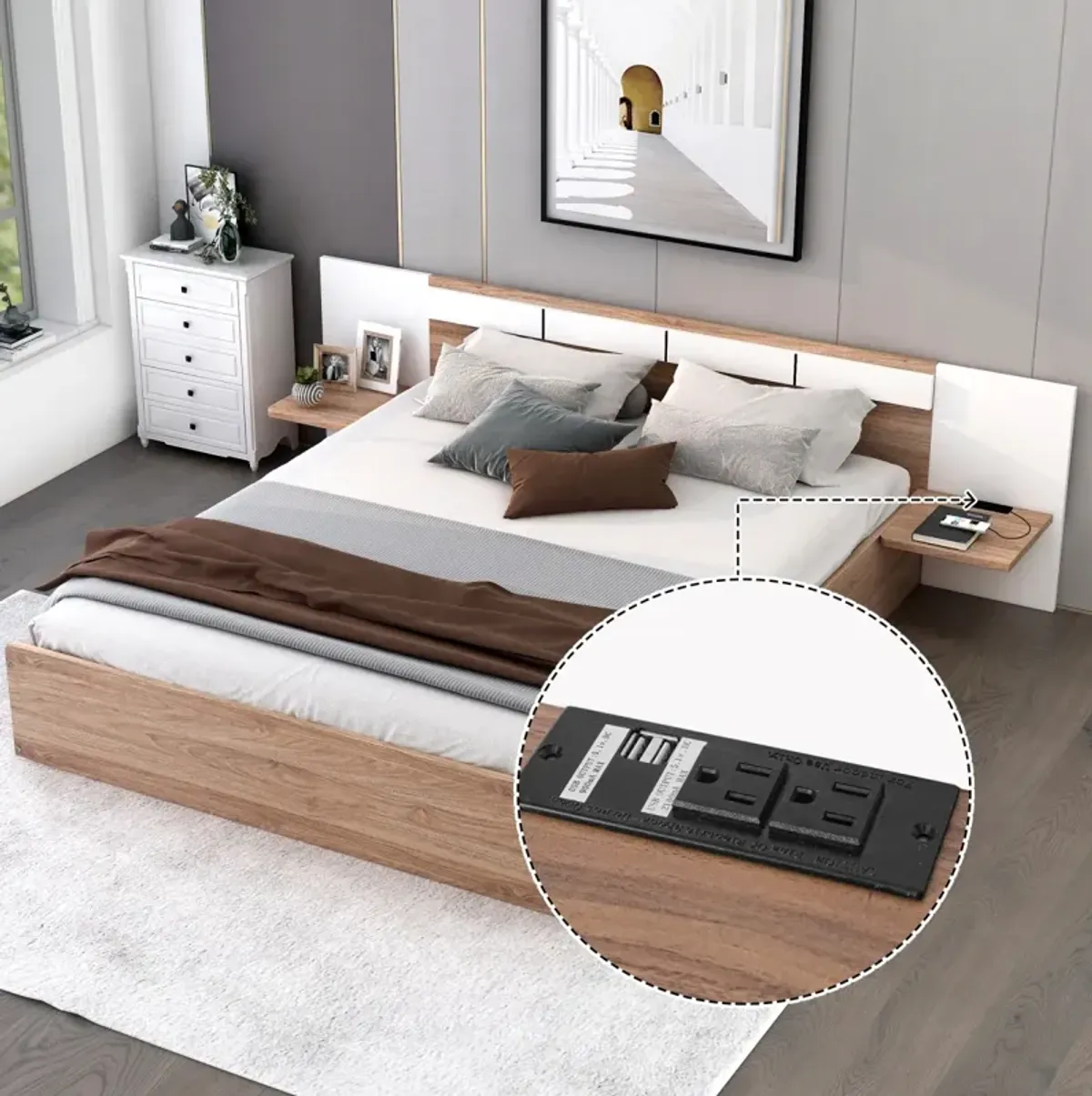 Queen Size Platform Bed With Headboard, Drawers, Shelves, USB Ports And Sockets