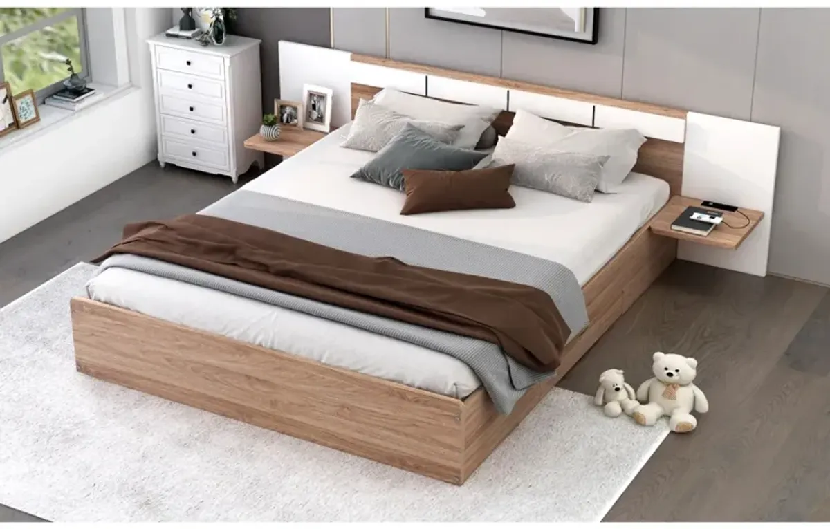 Queen Size Platform Bed With Headboard, Drawers, Shelves, USB Ports And Sockets