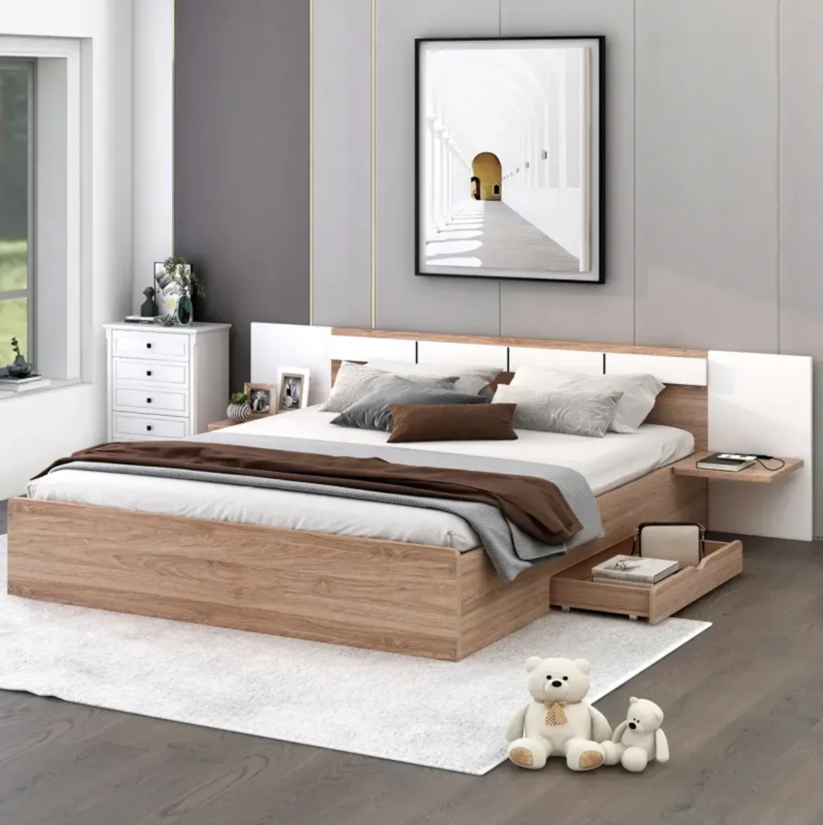 Queen Size Platform Bed With Headboard, Drawers, Shelves, USB Ports And Sockets