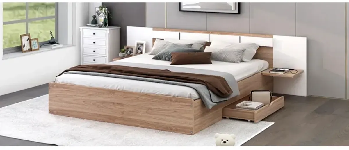 Queen Size Platform Bed With Headboard, Drawers, Shelves, USB Ports And Sockets