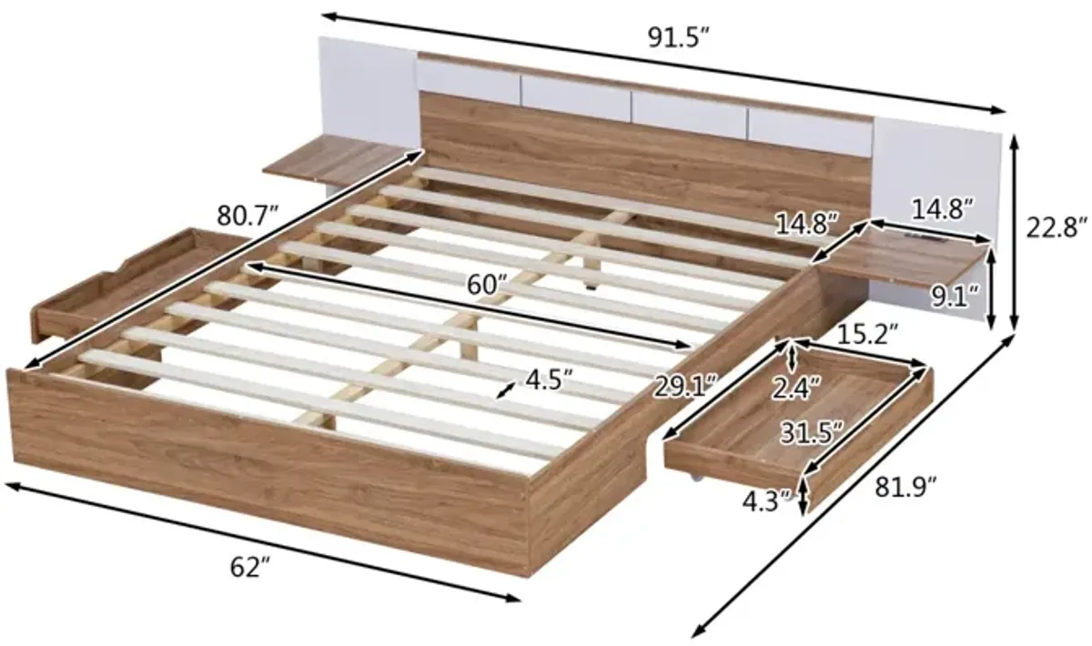 Queen Size Platform Bed With Headboard, Drawers, Shelves, USB Ports And Sockets